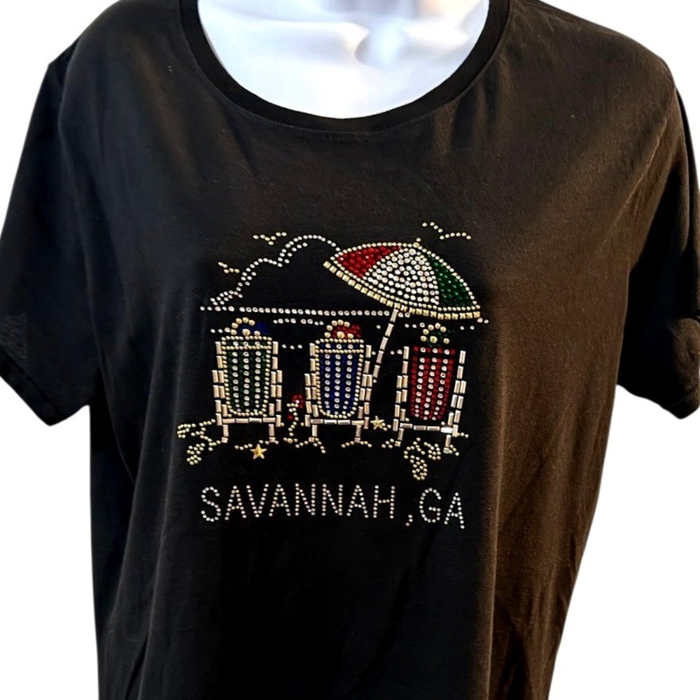 Savannah GA Rhinestone NWOT Graphic T Shirt Black Cotton Blend Womens L